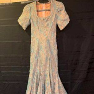 Vtg Coral Peach Mermaid Gown w/ Blue Lace Overlay